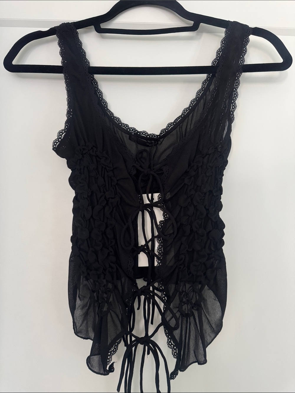 Zara Black Lace-Up Sheer Ruched Tank - Picture 2 of 16